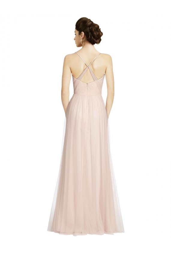 Discount Long Draped Back A-Line Tulle Bridesmaid Dress with Pleated Bodice