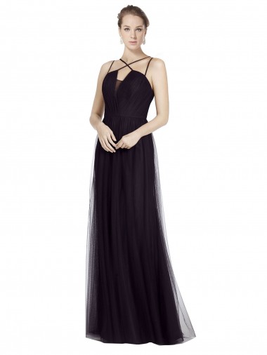 Discount High Neck Long A-Line Tulle Bridesmaid Dress