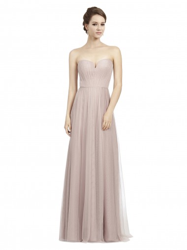 Discount Long Strapless Tulle Bridesmaid Dress with Pleated Bodice