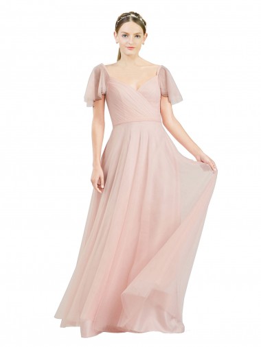 Discount Long V-Neck Flutter Sleeves Tulle Bridesmaid Dress