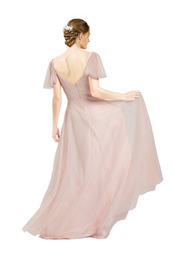 Discount Long V-Neck Flutter Sleeves Tulle Bridesmaid Dress