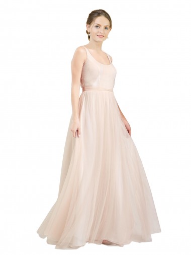 Discount Scooped Neckline Long Tulle Bridesmaid Dress with Open Back