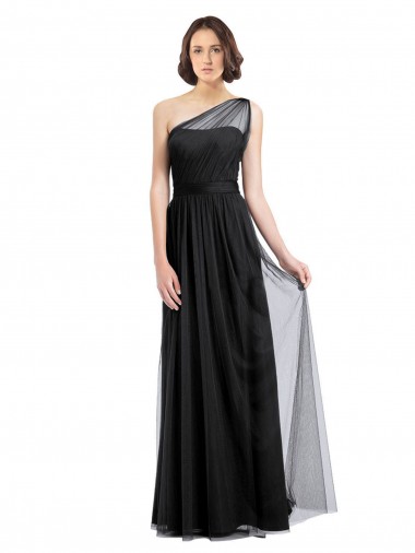 Discount Ruched Long Soft Tulle Bridesmaid Dress with Sheer Netting Shoulder Strap