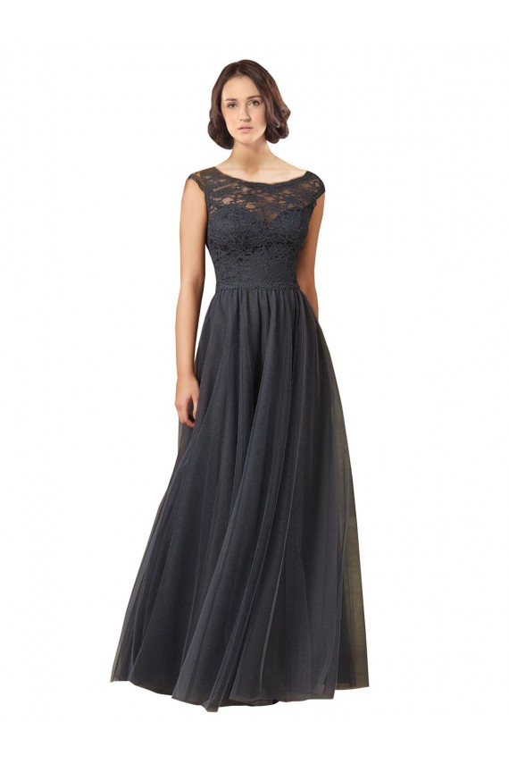Discount Long Bateau Tulle Bridesmaid Dress with Lace Bodice