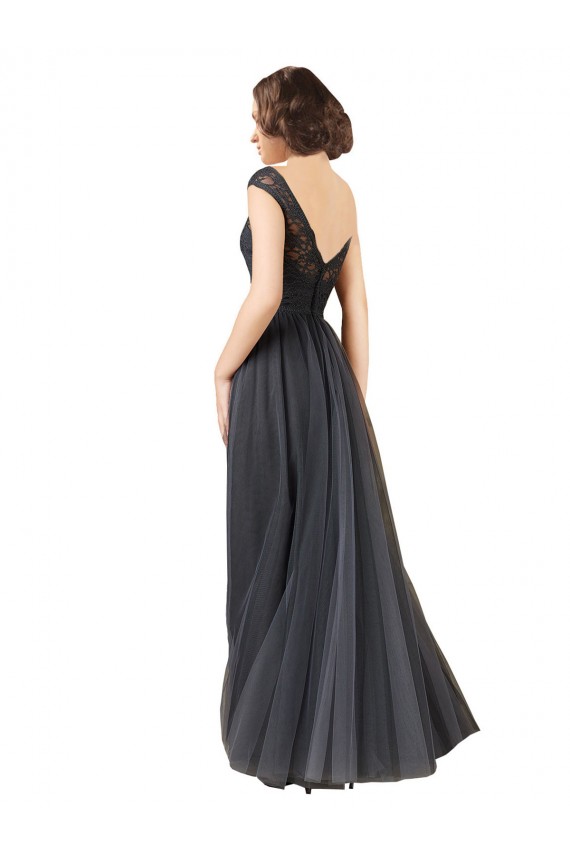 Discount Long Bateau Tulle Bridesmaid Dress with Lace Bodice