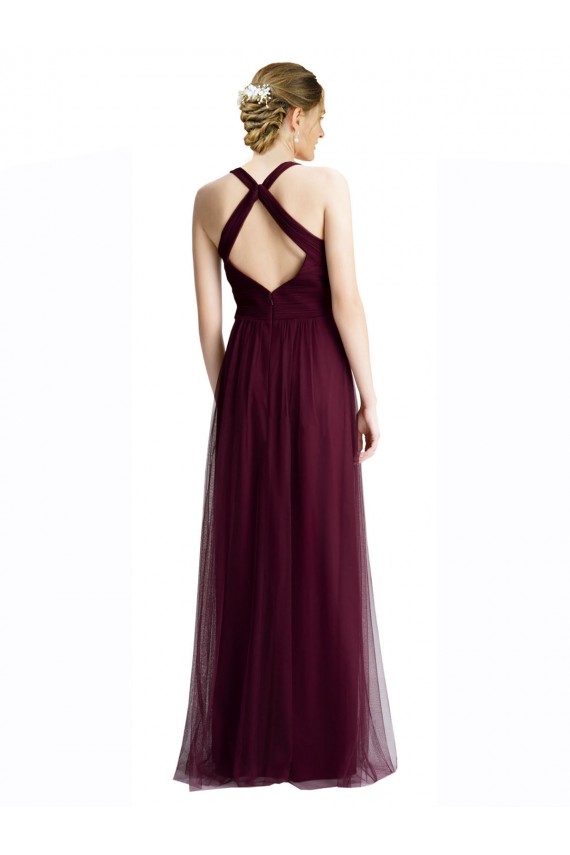 Discount Long Tulle Bridesmaid Dress with Criss-Cross Bodice and Self Straps