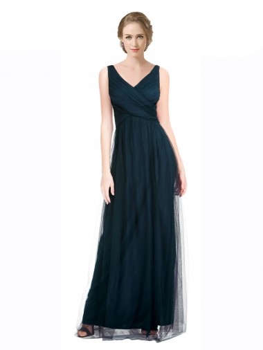 Discount Full Length Long Tulle Bridesmaid Dress with V-Neck Criss-Cross Ruched Top