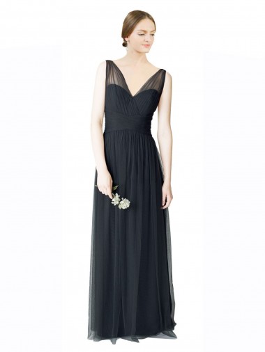 Discount Long Tulle Bridesmaid Dress with Illusion Shoulder Straps and V-Back
