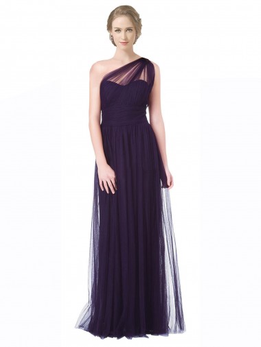 Discount One Shoulder Long Tulle Bridesmaid Gown with Sheer Netting Strap