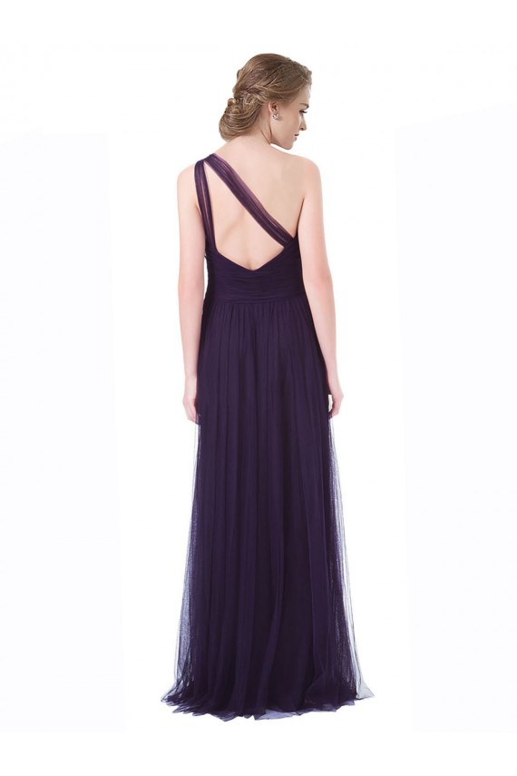 Discount One Shoulder Long Tulle Bridesmaid Gown with Sheer Netting Strap