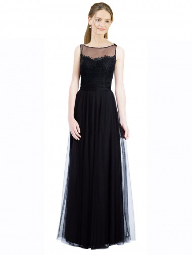 Discount Full Length Tulle Bridesmaid Dress with Lace Bodice and Soft Tulle Illusion Top