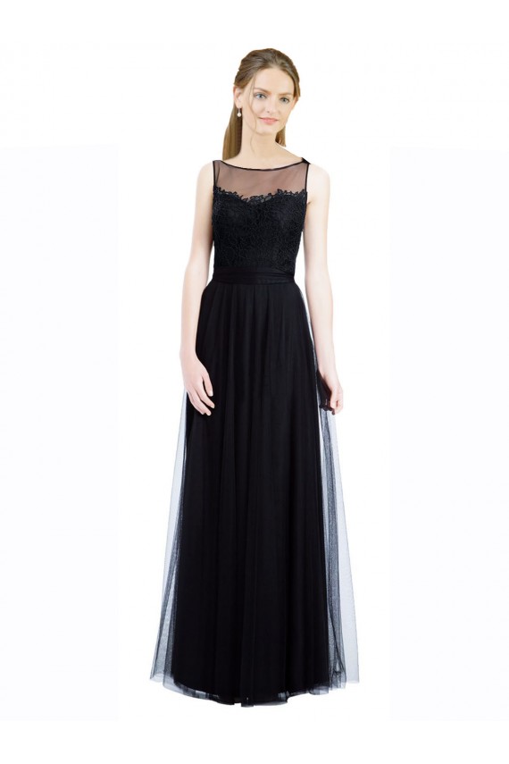 Discount Full Length Tulle Bridesmaid Dress with Lace Bodice and Soft Tulle Illusion Top