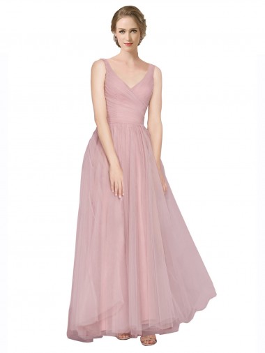 Discount Long Floor Length Wide Strap Plunge Cross Over Neckline Tulle Bridesmaid Dress