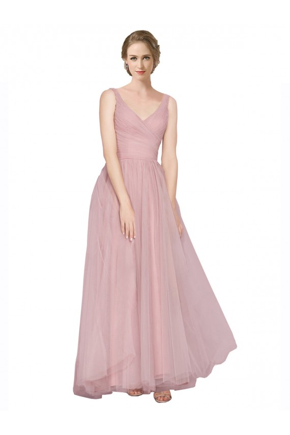 Discount Long Floor Length Wide Strap Plunge Cross Over Neckline Tulle Bridesmaid Dress