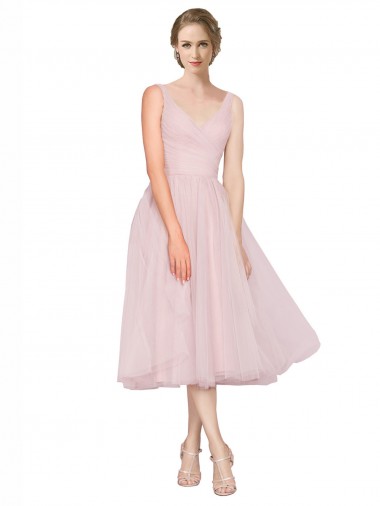 Discount Short Tea Length Wide Strap Plunge Cross Over Neckline Tulle Cocktail Bridesmaid Dress