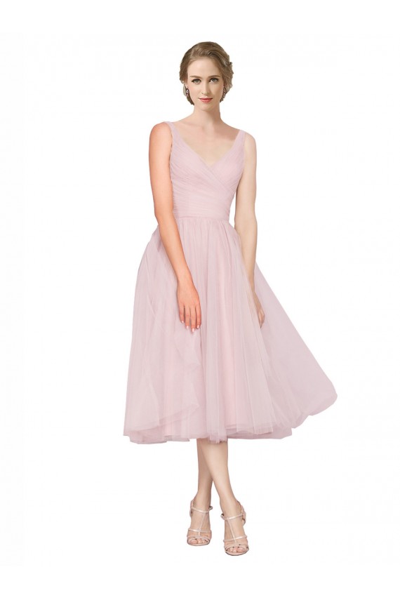 Discount Short Tea Length Wide Strap Plunge Cross Over Neckline Tulle Cocktail Bridesmaid Dress