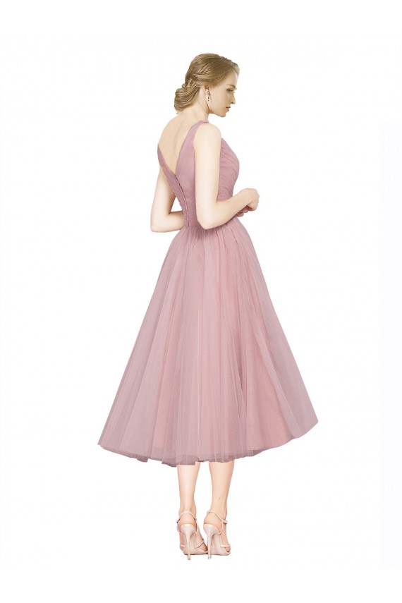 Discount Short Tea Length Wide Strap Plunge Cross Over Neckline Tulle Cocktail Bridesmaid Dress