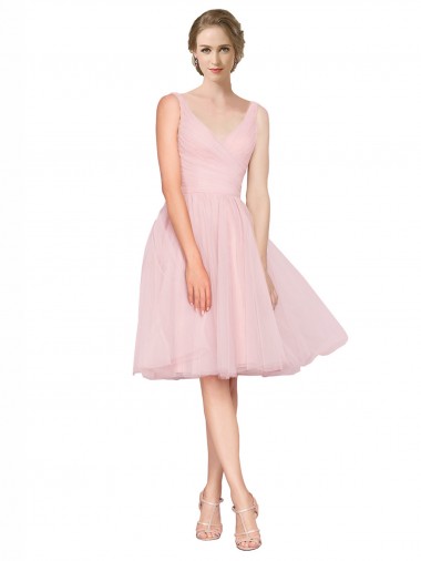 Discount Short Knee Length Wide Strap Plunge Cross Over Neckline Tulle Cocktail Bridesmaid Dress