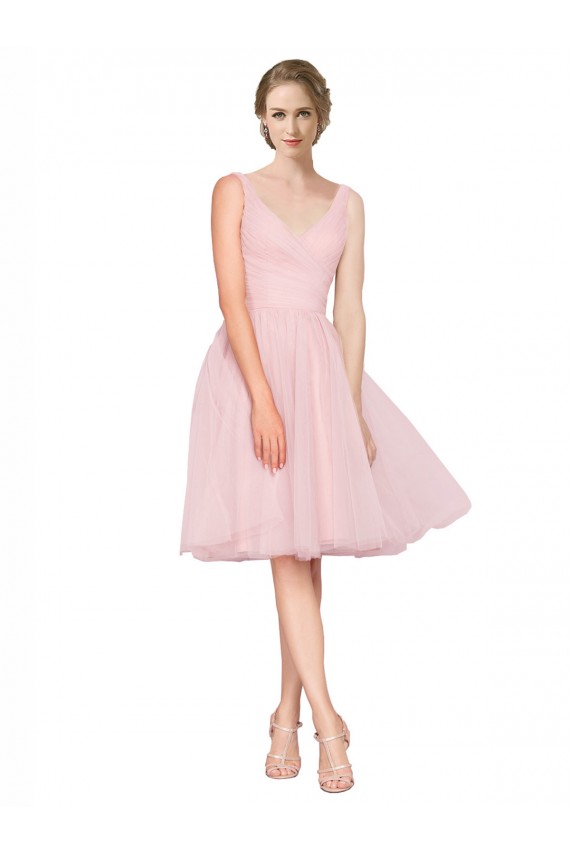 Discount Short Knee Length Wide Strap Plunge Cross Over Neckline Tulle Cocktail Bridesmaid Dress