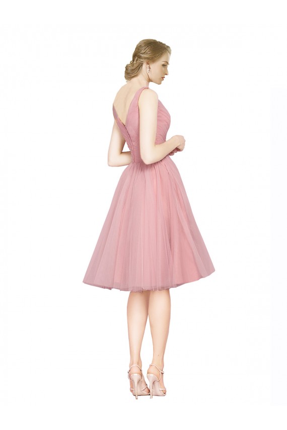 Discount Short Knee Length Wide Strap Plunge Cross Over Neckline Tulle Cocktail Bridesmaid Dress