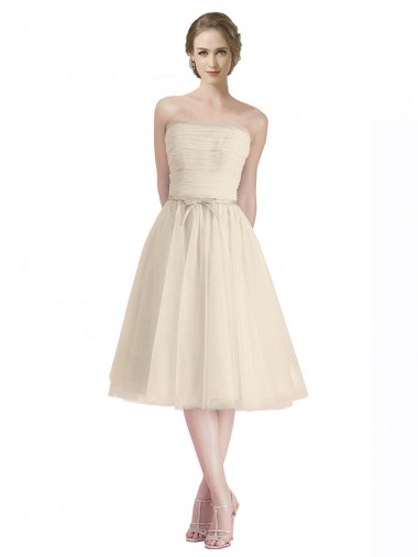 Discount Strapless Short Cocktail Length Tulle Cocktail Bridesmaid Dress with Pleats