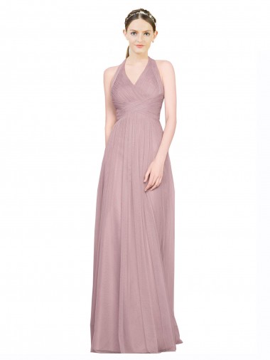 Discount Ruffled Halter V-Neck Long Tulle Bridesmaid Dress with Pleats