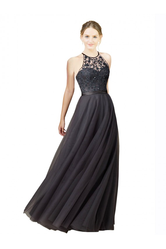 Discount Sweetheart Neckline Long Sleeveless Tulle Bridesmaid Dress with Lace Bodice