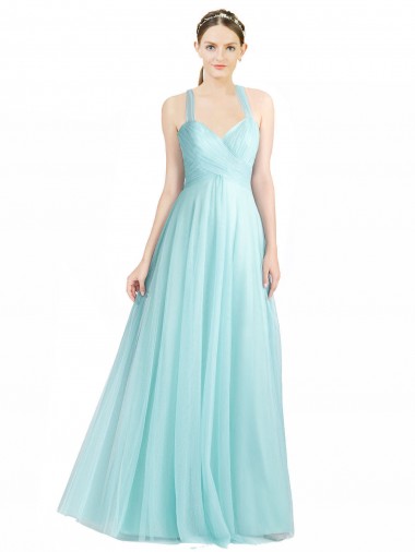 Discount Ruched Sweetheart Neckline A-Line Tulle Bridesmaid Dress with Tie Open Back