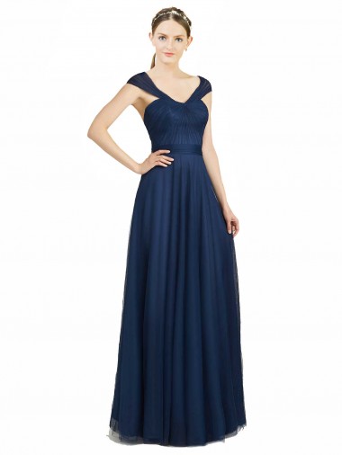 Discount Ruched Sweetheart Long A-Line Tulle Bridesmaid Dress with Wide Straps and Tie Back