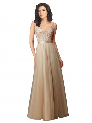 Discount Long Tulle Bridesmaid Dress with Embroidery and Beading