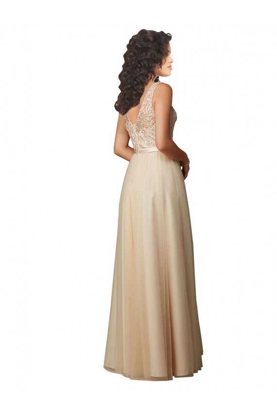 Discount Long Tulle Bridesmaid Dress with Embroidery and Beading