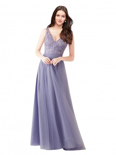 Discount Sweetheart Tulle Bridesmaid Dress with Fully Embroidered V-Neck Bodice