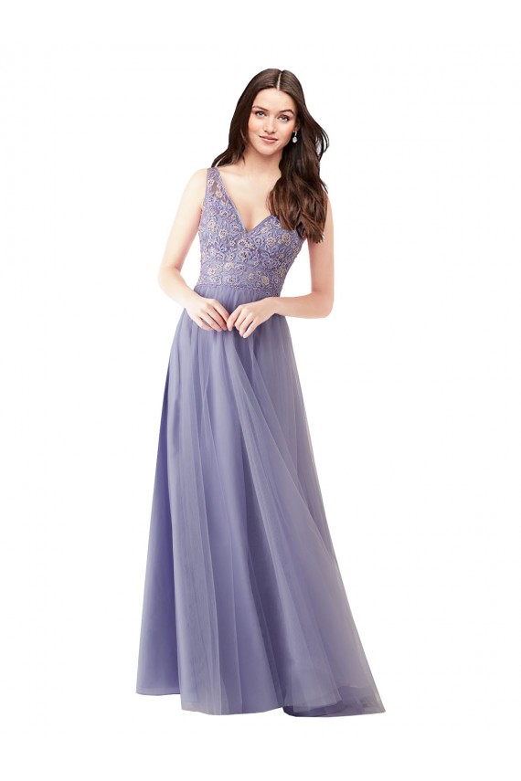 Discount Sweetheart Tulle Bridesmaid Dress with Fully Embroidered V-Neck Bodice