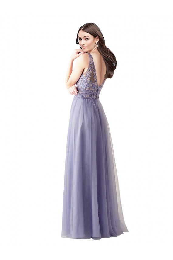 Discount Sweetheart Tulle Bridesmaid Dress with Fully Embroidered V-Neck Bodice