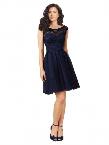 Discount Short Bateau Neck Tulle Cocktail Bridesmaid Dress with Lace Bodice
