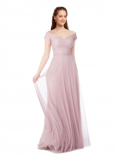 Discount Off the Shoulder Long A-Line Tulle Bridesmaid Dress