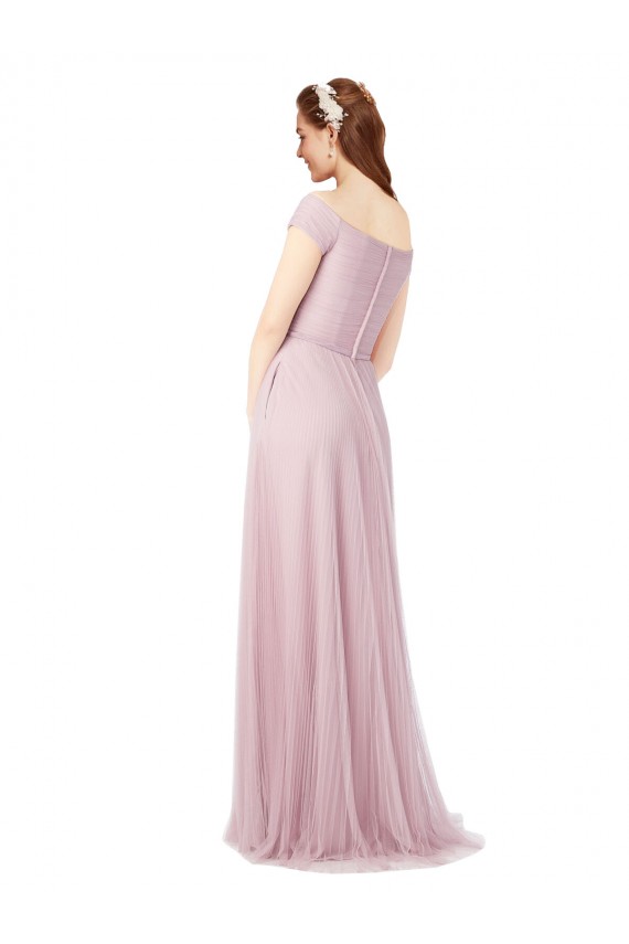 Discount Off the Shoulder Long A-Line Tulle Bridesmaid Dress