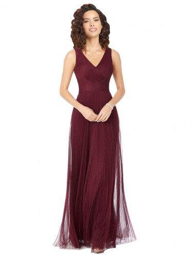 Discount Long A-Line V-Neck Tulle Bridesmaid Dress