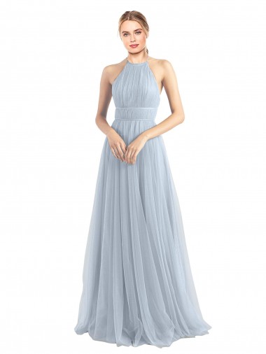 Discount Halter Neckline Slim A-Line Tulle Bridesmaid Dress