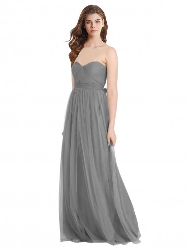 Discount Shirred Strapless Bodice Long Tulle Bridesmaid Dress with Sweetheart Neckline