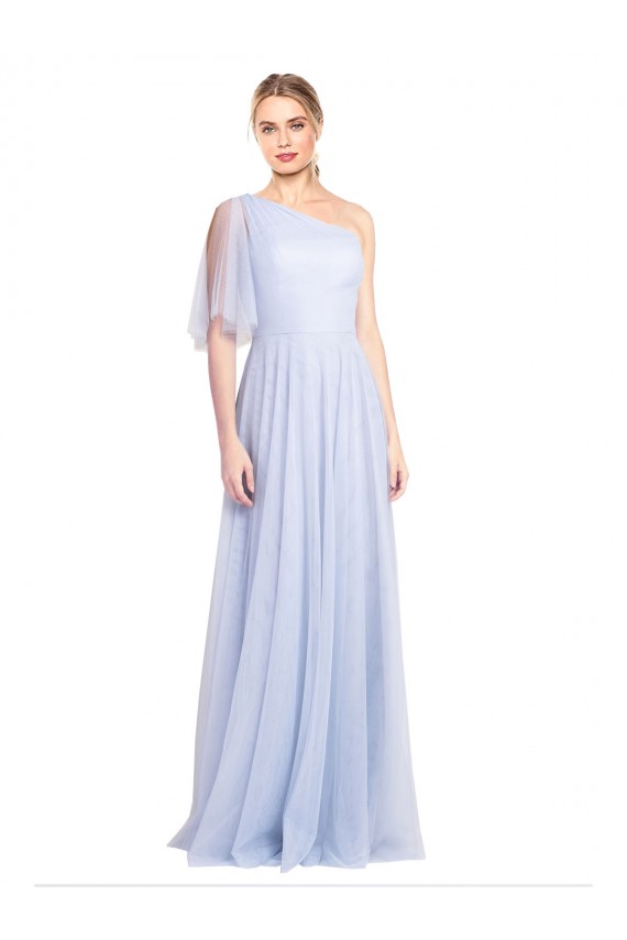 Discount Flutter Sleeves One Shoulder Long Tulle Bridesmaid Dress