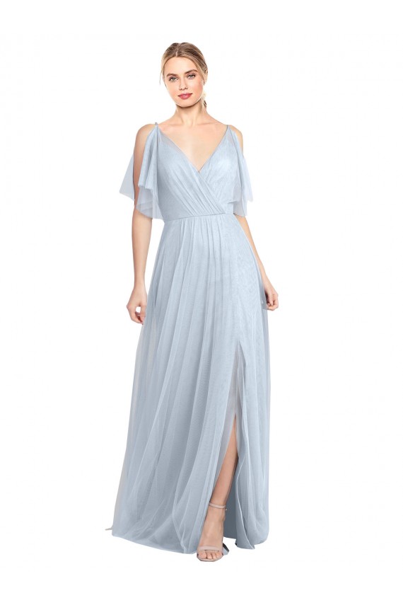Discount Floor Length Flutter Sleeves Long Tulle Bridesmaid Dress with Side Slit