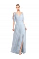 Discount Floor Length Flutter Sleeves Long Tulle Bridesmaid Dress with Side Slit