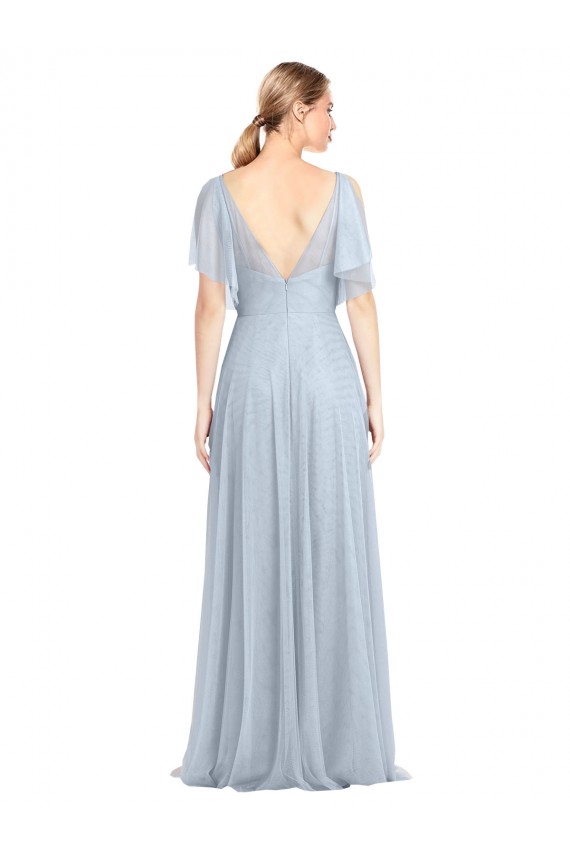 Discount Floor Length Flutter Sleeves Long Tulle Bridesmaid Dress with Side Slit