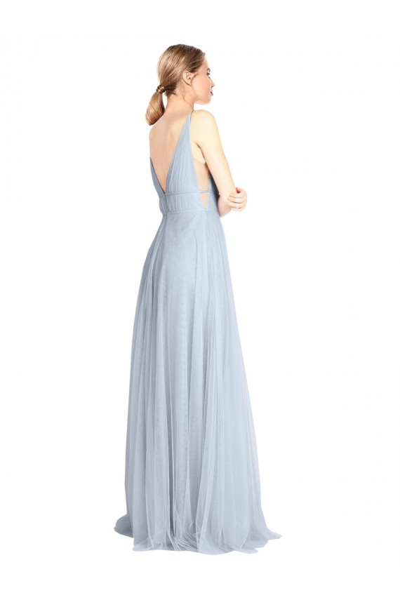 Discount Plunging Deep V-Neck Long Tulle Bridesmaid Dress with V-Back