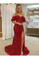 Discount Off the Shoulder Short Sleeves Long Floor Length Velvet Sequin Prom Dress with High Slit