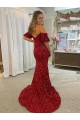 Discount Off the Shoulder Short Sleeves Long Floor Length Velvet Sequin Prom Dress with High Slit