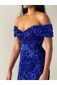 Discount Mermaid Off the Shoulder Sleeveless Long Sweep Train Velvet Sequin Prom Dress