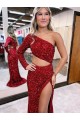 Discount Mermaid One Shoulder Long Sleeves Long Sweep Train Velvet Sequin Prom Dress with High Slit