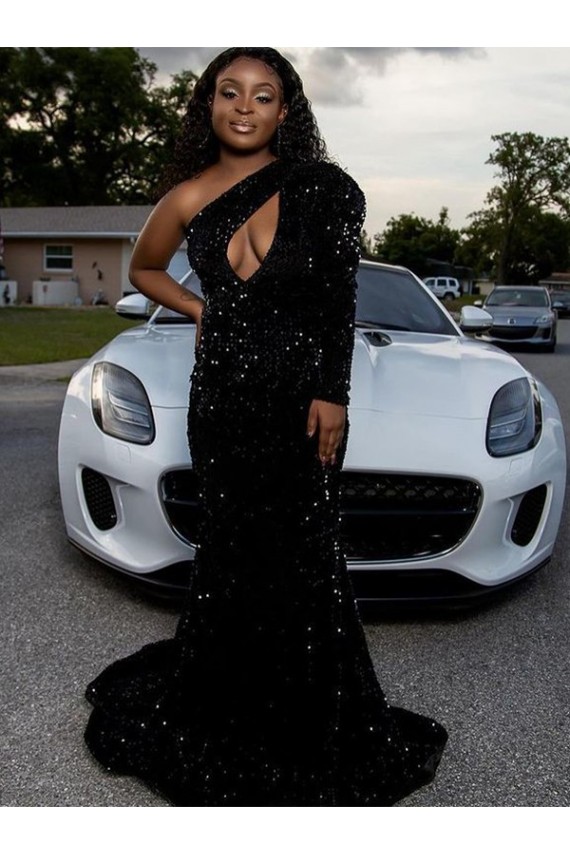 Discount One Shoulder Long Sleeves Long Sweep Train Velvet Sequin Prom Dress